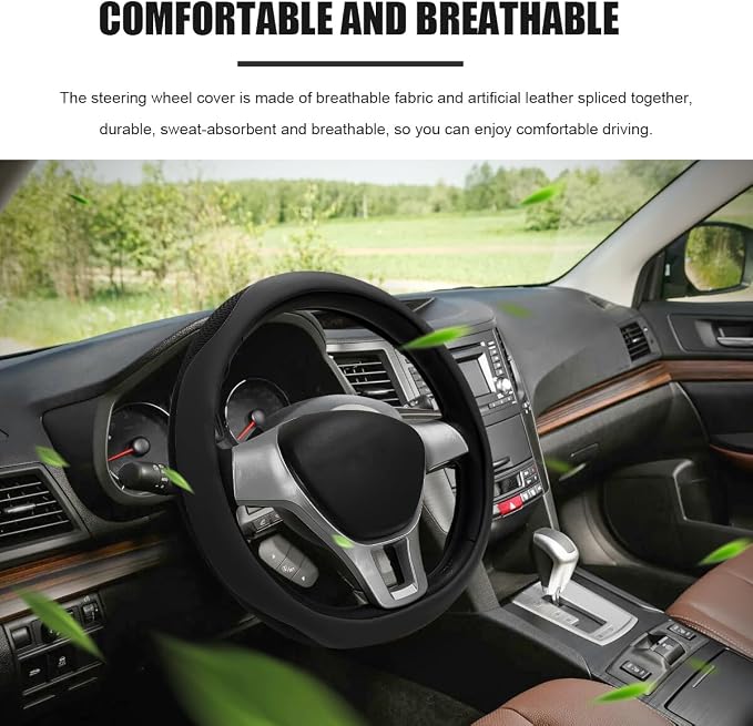 Car Steering Wheel Cover, Leather Breathable Ice Silk Auto Wheel Wrap with Anti-Slip Lining, Scratch-Resistant Elastic Protector Fit for 14.5-15 Inch Steering Wheels (Black)