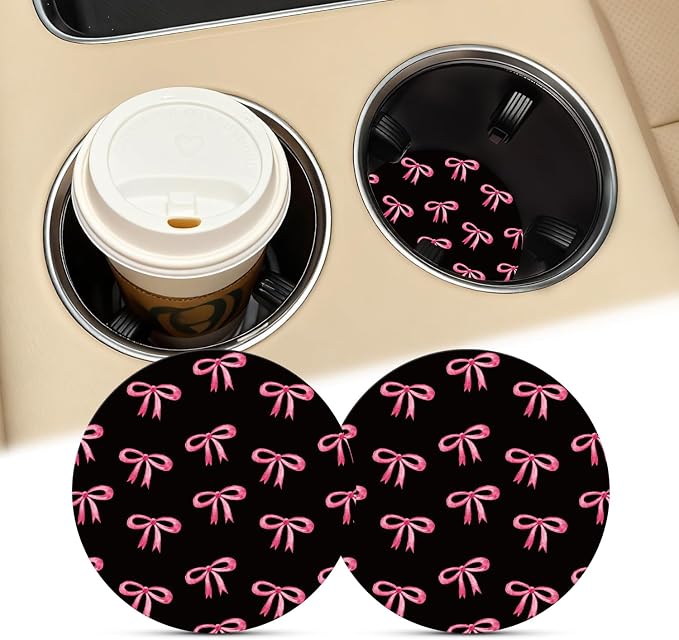 Car Coasters for Cup Holders, Car Cup Holder Coaster, Cute Car Accessories for Women Interior, 2 Pack 2.75" Anti Slip Silicone Cup Mat - Black Pink Ribbon Bow (Black Bows)