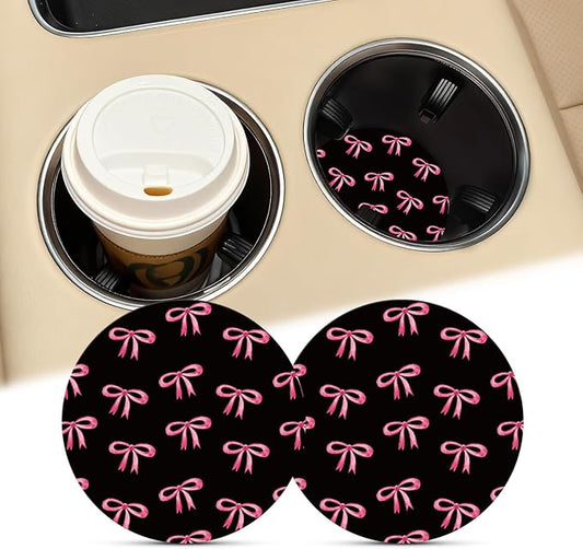 Car Coasters for Cup Holders, Car Cup Holder Coaster, Cute Car Accessories for Women Interior, 2 Pack 2.75" Anti Slip Silicone Cup Mat - Black Pink Ribbon Bow (Black Bows)