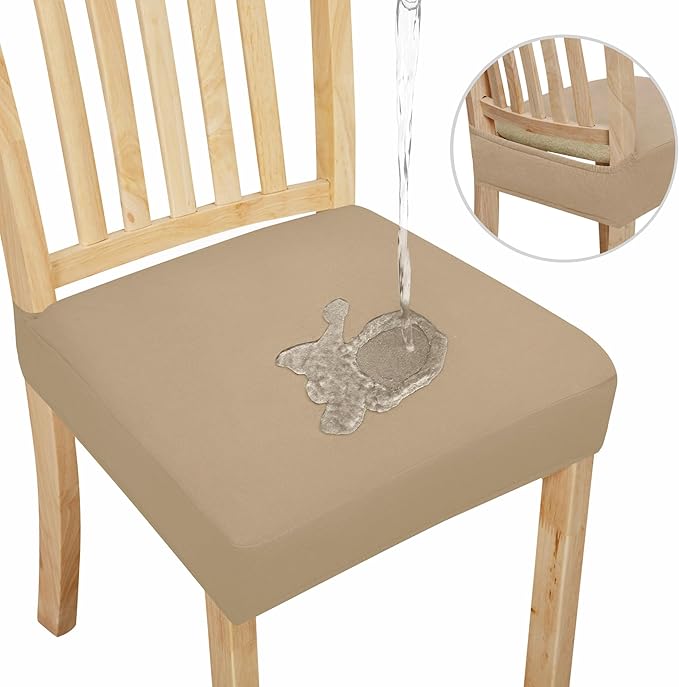Easy-Going 100% Waterproof Seat Covers for Dining Room Chairs Set of 6, Stretch Chair Seat Slipcovers Protector Removable and Washable Kitchen Dining Chair Covers, Khaki