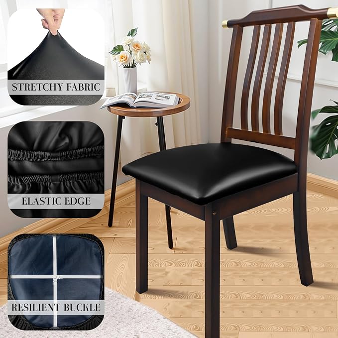 Pu Leather Dining Chair Seat Covers Set of 2, Waterproof Kitchen Chair Covers Stretch Chair Cover for Kitchen/Dining Room/Hotel, Tasteless seat Covers for Chairs (Black - 2 PCS)