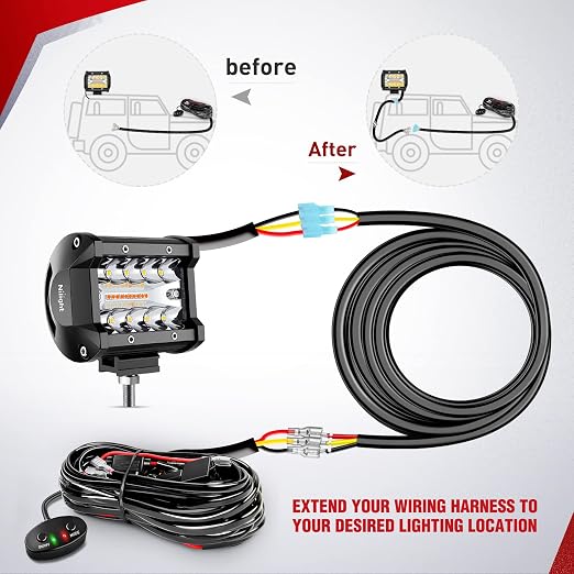 Nilight 2PCS 16AWG 10Feet Wiring Harness Extension for 6Modes Amber White Light Bar Strobe Play and Plug 3-Wires, 2 Years Warranty,Black