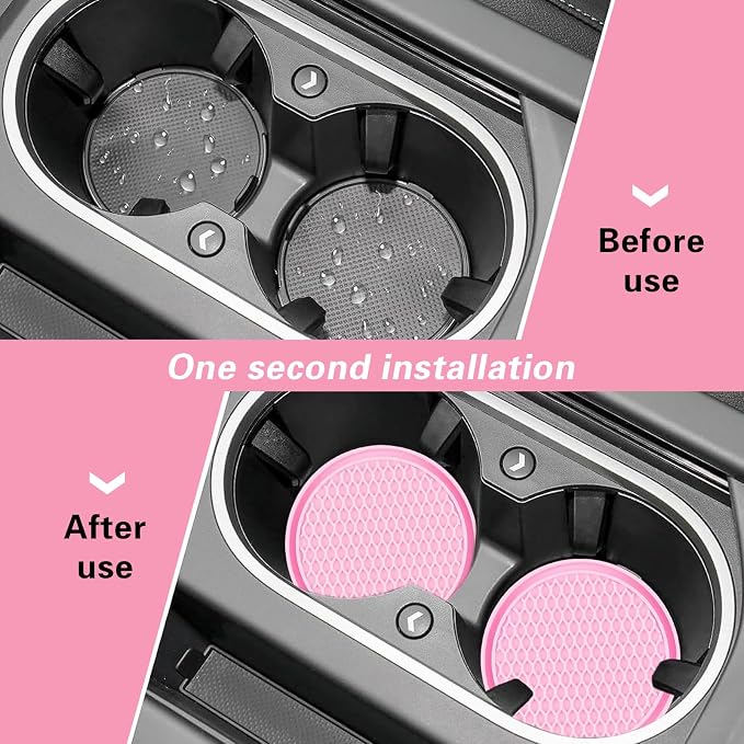 ijuicy 4 PCS Car Cup Holder Coaster, 2.75 Inch Non-Slip Insert Coaster, Silicone Car Coasters, Honeycomb Shape Waterproof Cup Mats, Universal Car Interior Accessories (Pink)