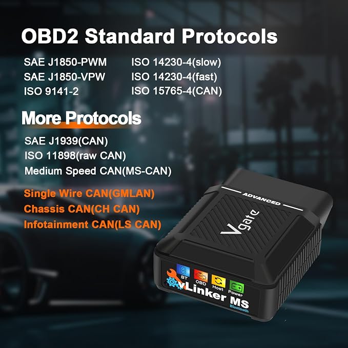 Vgate vLinker MS Bluetooth OBD2 Scanner Fixd Car Diagnostic Tool Code Reader CH-CAN and LS-CAN Work for iOS & Android & Windows, Black