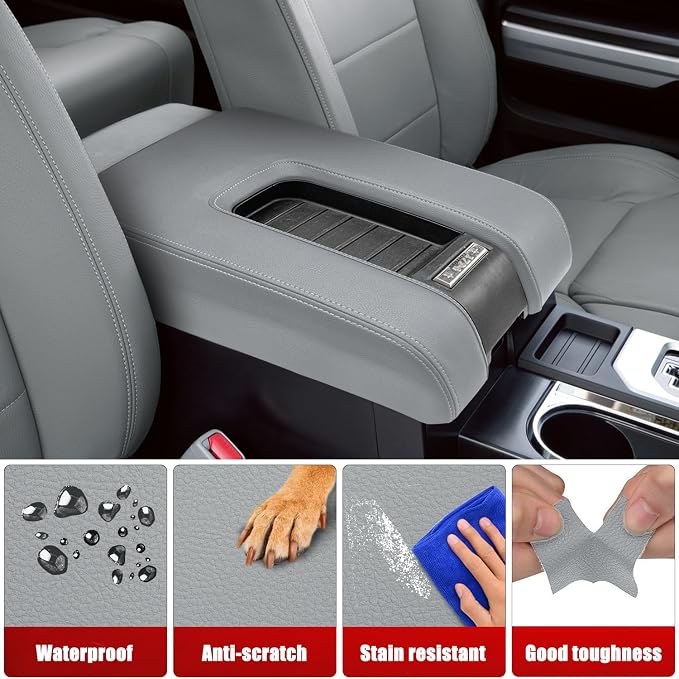 KBH Center Console Armrest Cover Replacement for Toyota Tundra 2014-2021 | Leather Part Only, Custom-fit, Console Lid Upholstery, PU Leather, Gray