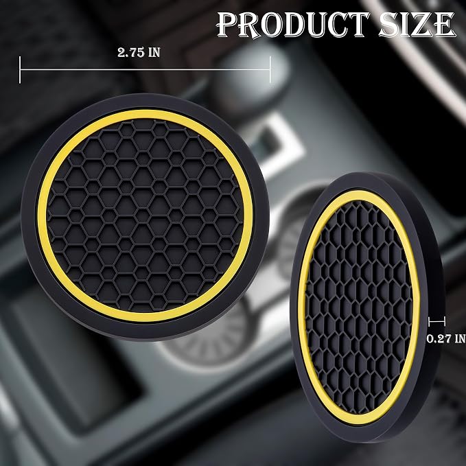 2-Piece Anti-Slip Car Cup Coaster Set – 2.75 Inch Auto Insert Drink Mats, Perfect for Coffee & Beverages – Stylish Interior Decor for Women & Girls (Black & Yellow)