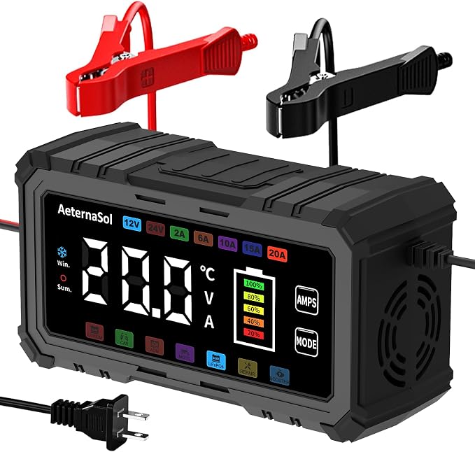 20A Smart Car Battery Charger, 12V/24V Battery Charger, Automatic Battery Maintainer Desulfator Compatible with LiFePO4, AGM, Gel, Lead-Acid, Trickle Charger for Truck, Motorcycle, RV, Boat (Black)