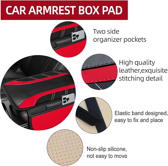 NBTEPEM 10 Pcs Car Floor Mats Full Set & Sport Leather Steering Wheel Cover 14.5-15 inch, Center Console Cover, Seat Belt Cushion, Cup Holder Coaster, Universal Automobile Interior Sets (Red)