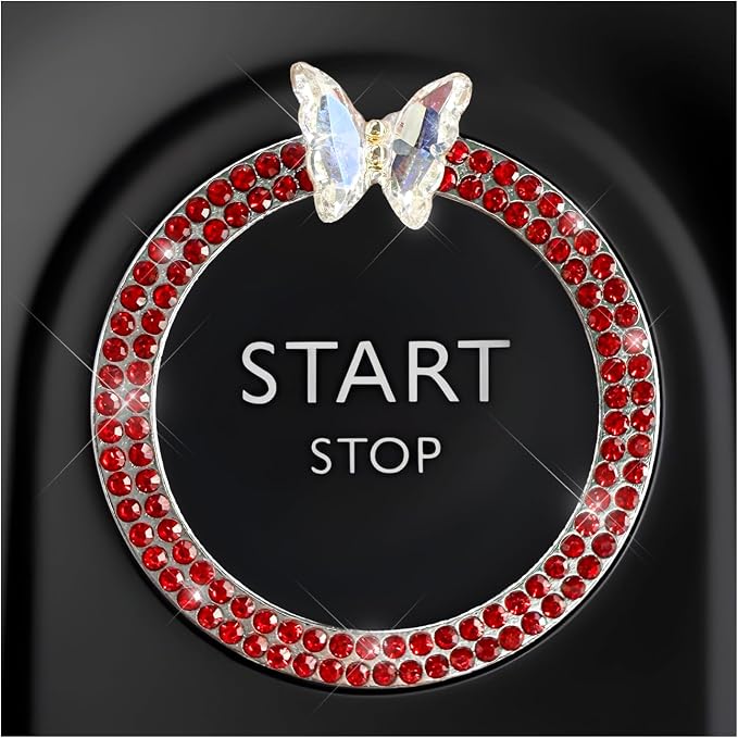 DXNQ Bling Ring Emblem, Sparkling Butterfly Car Buttons and Knobs Ring, Girly Butterfly Diamond Car Engine Start Button Cover, Key Ignition Knob Rings Decoration for Women (Red, Double Row)