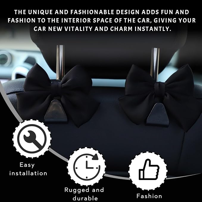 2PCS Car Seat Headrest Hooks, Cute Bow Vehicle Rear Seat Bracket Hook for Purses and Bags, Automotive Purse Hook Hanger, Universal for SUV, Sedan, Truck (Black)