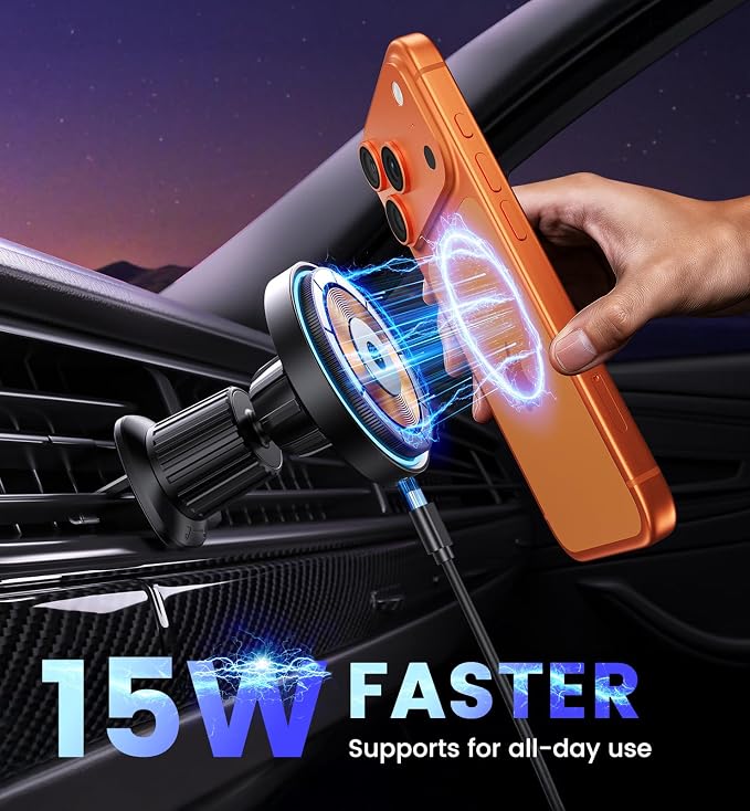 Magnetic Car Charger Mount 15W for iPhone 17-12 Pro Max | N52 Strong Magnets, 360° Rotation, Dashboard & Vent Mount, Compatible with Magnetic Cases, Gift for Men, Black