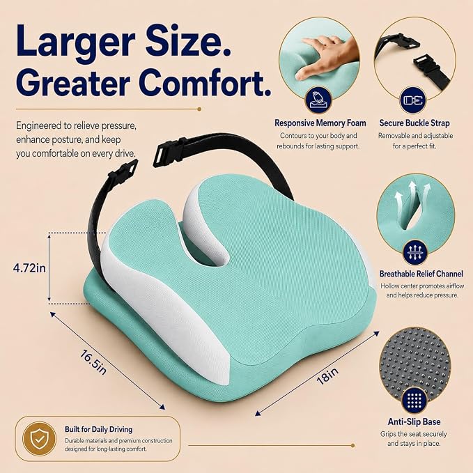 Memory Foam Ergonomic Seat Cushion for Office Chairs Pain Relief | Suitable for prolonged sitting, relieves tailbone pain, fits office chairs, wheelchairs, car seats and computer desk chairs