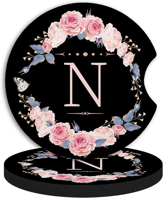 2pcs Letter N Car Coasters,Absorbent Universal neoprener Cup Holder Coasters with a Finger Notch,Car Accessories for Women&Man Interior，2.75"