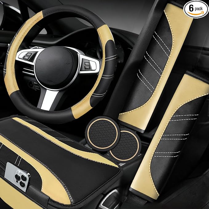 NBTEPEM 6 Pcs Beige Car Accessories Set, Sport Leather Steering Wheel Cover 14.5-15inch Universal, Microfiber Leather Car Center Console Cover, Seat Belt Cushion, Cup Holder Coaster (Black-Beige)