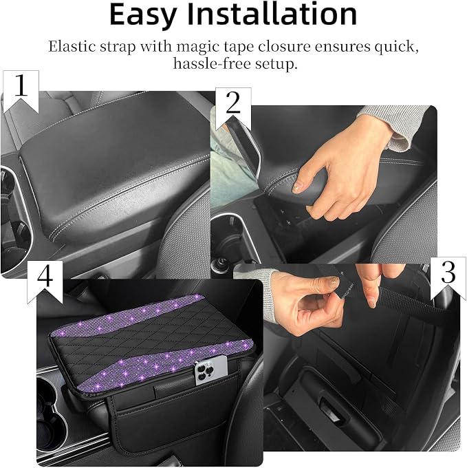 NBTEPEM Bling Purple Car Center Console Cover, Leather Middle Console Cover with 2 Storage Bags, Universal Arm Rest Cover, Bling Car Accessories Interior Fit for Most Vehicles, Purple Diamond
