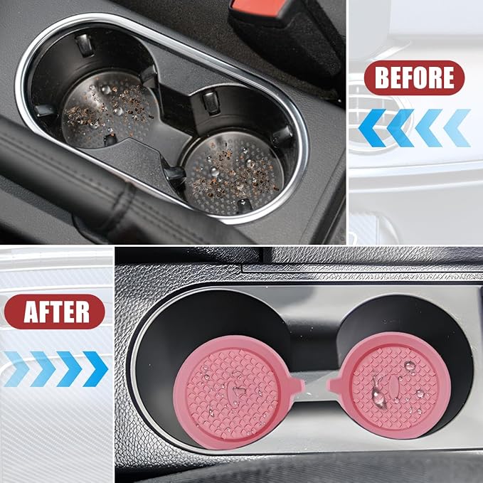 4PCS Car Cup Holder Coaster, Silicone Non-Slip Shockproof Vehicle Drink Cup Insert Mat, Dustproof Embedded Automotive Interior Water Bottle Pad, Universal for SUV Van Truck (Pink)