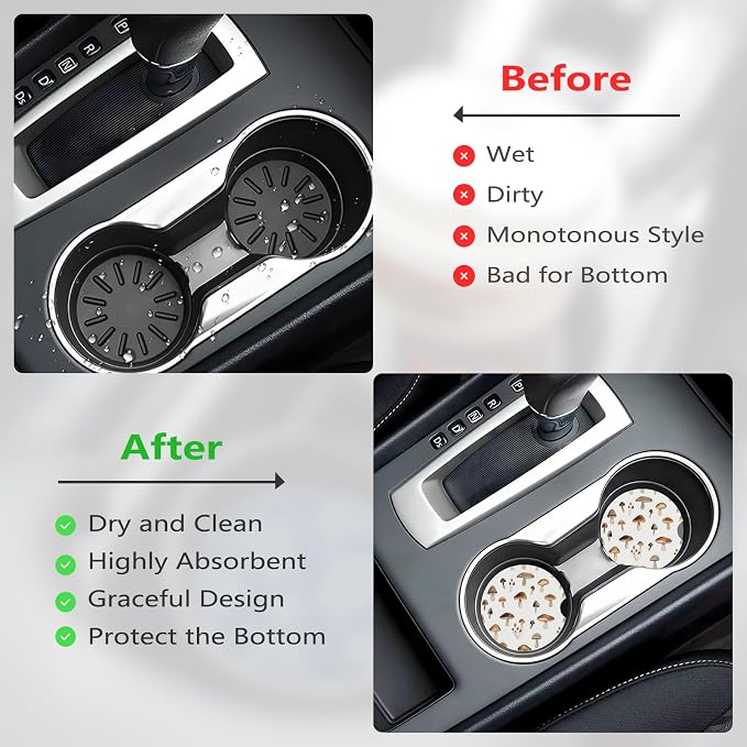 Ceramic Car Cup Coasters 2PCS - Tasty Mushroom | with Cork Back & Finger Slot, Anti-Slip Shock Absorbing, Universal Car Interior Accessories for Men Women