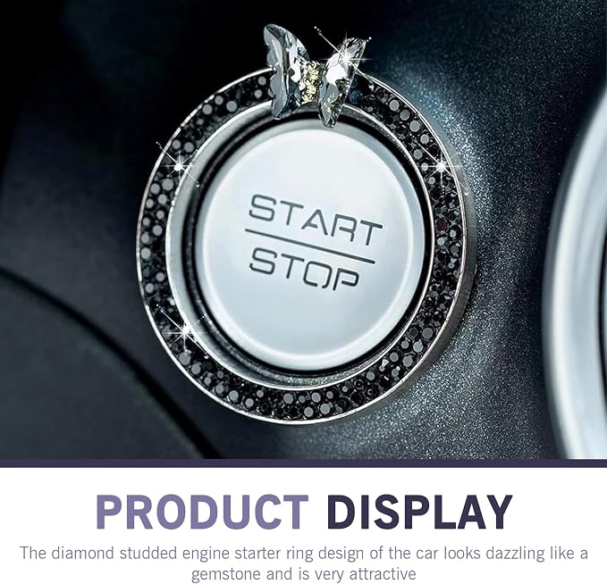 Bling Car Engine Start Stop Decoration Ring, Crystal Rhinestone Butterfly for Car Button Ring, Auto Interior Accessories for Women, Push to Start Button Cover Decoration (Black)