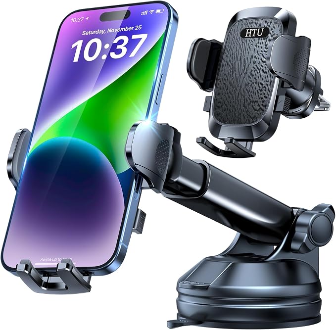 HTU Car Phone Holder【2026 Upgraded 100+LBS Suction & Safety Cert】 Cell Phone Car Mount for Truck Heavy Duty Phone Holder for Dashboard/Windshield/Vent for iPhone 17 16 Pro Max, Jet Black