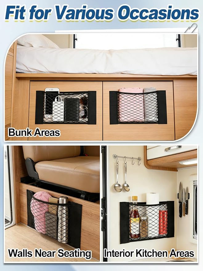 Bigmeta 4PCS RV Cargo Storage Mesh Net, Elastic Stretchable Netting Pocket with 8 Adhesive Strip Wall Sticker for SUV, Truck(15.4 x 9.4 Inch)