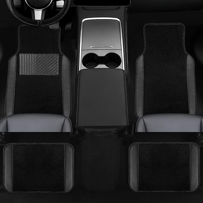 NBTEPEM Microfiber Steering Wheel Cover and Waterproof Car Floor Mats, Universal Fit Most Truck, SUV, Cars, 14.5-15inch Sporty Steering Wheel Covers with Anti-Slip Lining (Black with Black line)