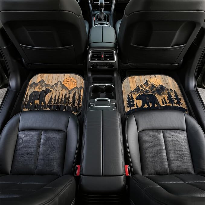 Bear Car Floor Mats Set of 4 Mountain Sunset Forest Silhouette Rustic Automotive Foot Mats Rugs Carpet for Car Non-Slip Auto Car Accessories Universal Fit Car Accessories for Truck