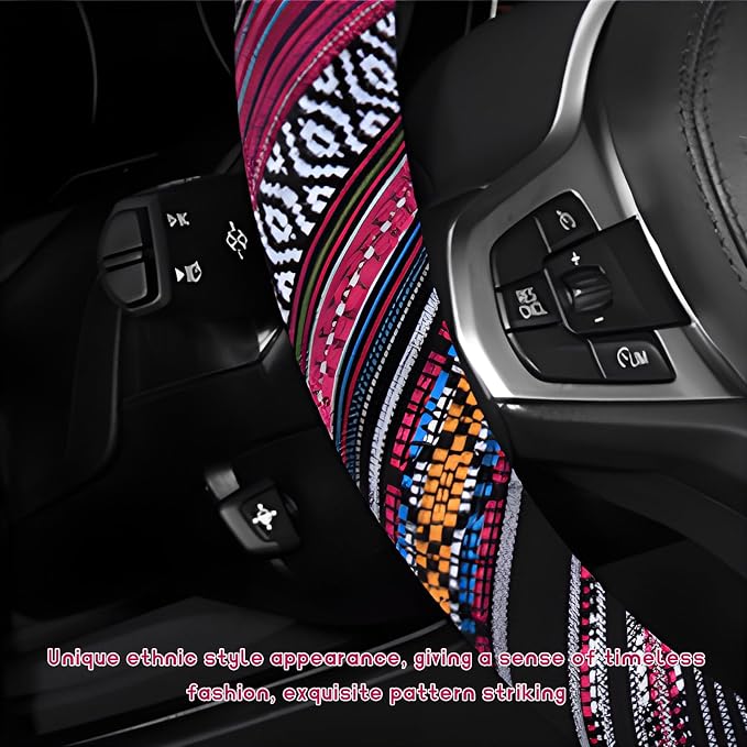 Boho Steering Wheel Cover, Anti-Slip Coarse Flax Cloth Ethnic Style Auto Wheel Cover, Breathable Boho Auto Steering Wheel Protector for Women Men, Car Accessories (Style J)