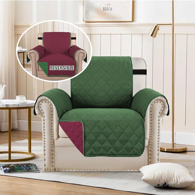 H.VERSAILTEX Water Resistant Christmas Chair Cover Reversible Chair Couch Slipcover Quilted Furniture Protector with Elastic Strap Washable Chair Cover(Armchair, Christmas Green/Christmas Red)