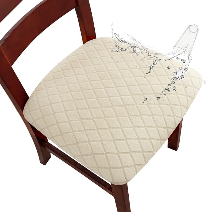 Genina Waterproof Seat Covers for Dining Room Chairs, Stretch Chair Covers Removable Washable Dinning Room Kitchen Chair Seat Cushion Slipcovers (Argyle-Beige, 2 PCS)