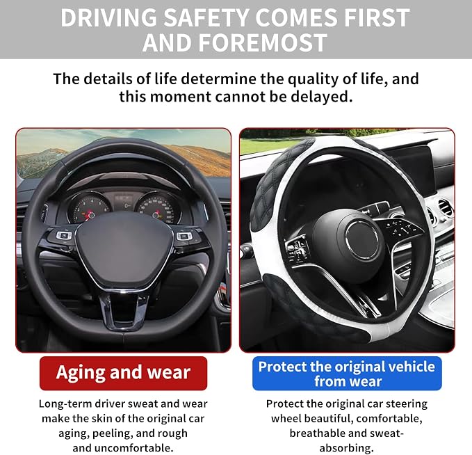 15 Inch Leather Steering Wheel Cover, Automotive Accessories Breathable Anti-Slip Elastic Soft Wheel Protector, Fit for Most SUVs Trucks and RVs (White)