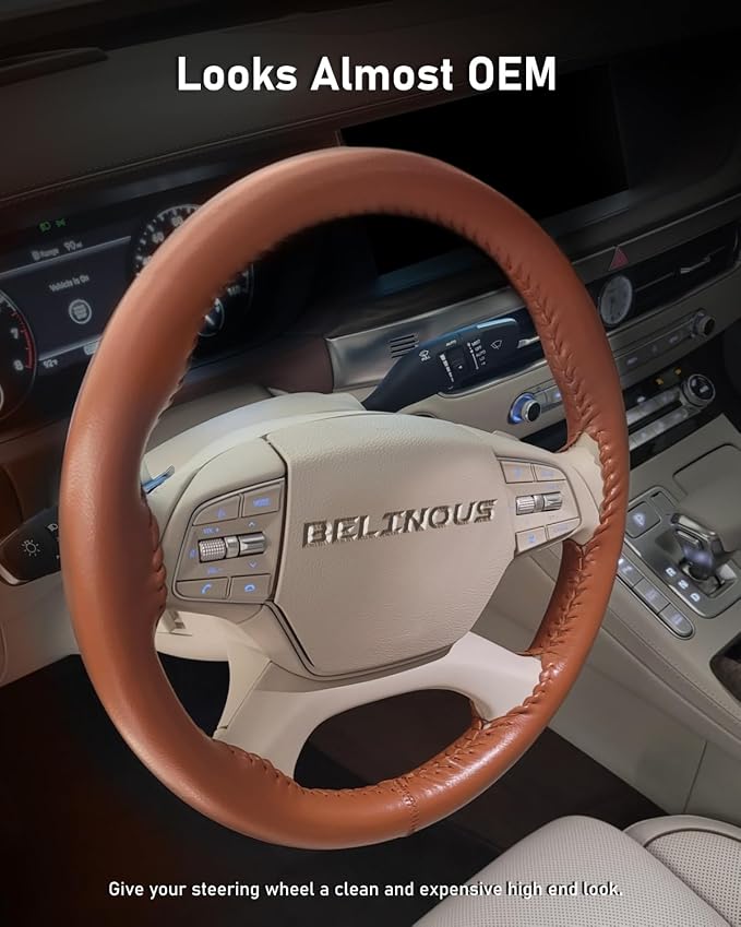 Belinous Leather Steering Wheel Cover Lace Up, Stitch on Steering Wheel Wrap, Universal Fit 13-20 Inch Car Truck Pickup Boat, A Whole Piece of Cowhide, DIY w/Needle Thread (Size XXL0, Brown)