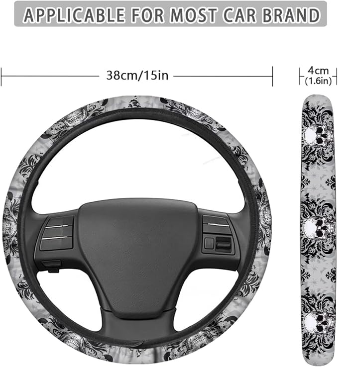 AFPANQZ Steering Wheel Protection for Automotive Steering Wheel Covers | Skull Floral Grey, 14-15 In, Sweat Absorption Comfort Grip for Driver Women Men