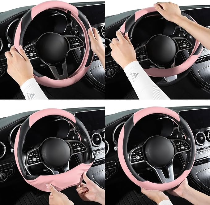 Car Steering Wheel Cover, Microfiber Leather Steering Wheel Cover Universal Fit 14.5-15 inch Anti-Slip Comfortable Breathable Car Wheel Protector for Men Women,Pink