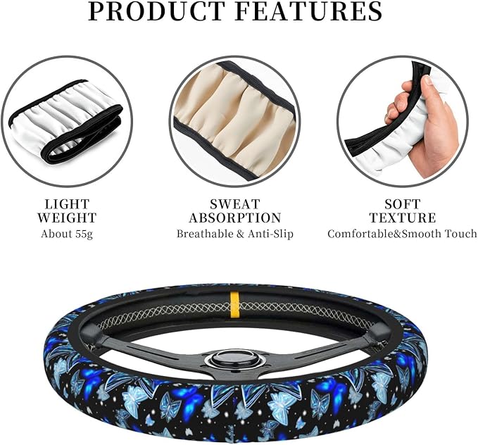 Sparkle Blue Butterfly Steering Wheel Cover for Women Men Girls Car Accessories Decor Anti-Slip Neoprene Auto Steering Wheel Covers Protector Universal 15 Inch