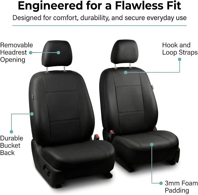 FH Group Car Seat Covers PU Leather Automotive Seat Covers Front Set, Black Seat Covers Pair Set with Gift Universal Fit Interior Accessories for Cars Trucks and SUVs