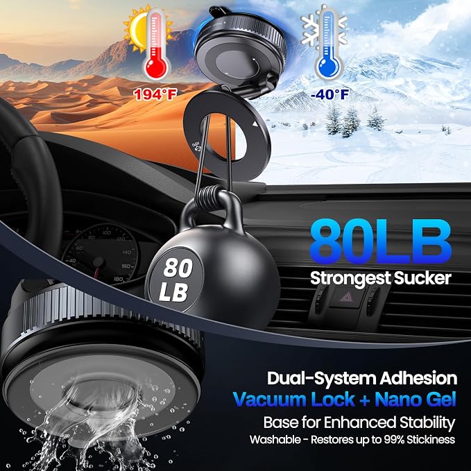 Jikasho Vacuum Magnetic Car Phone Holder for Magsafe, Hands-Free 360° Adjustable Suction Cup Phone Mount for Car/Gym/Mirror/Smooth Surface, Compatible with iPhone & Android (Space Grey)
