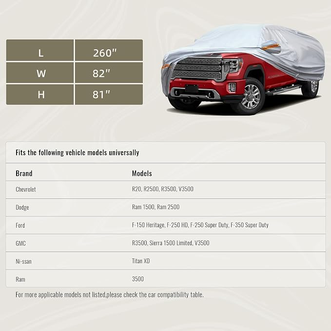 TUCAREST 6 Layers Full Car Cover for Pickup/Truck - Waterproof, Insulated, Anti-UV, Snow-Proof, Anti-Wind, All-Weather, Thickened Protection, up to 260 in