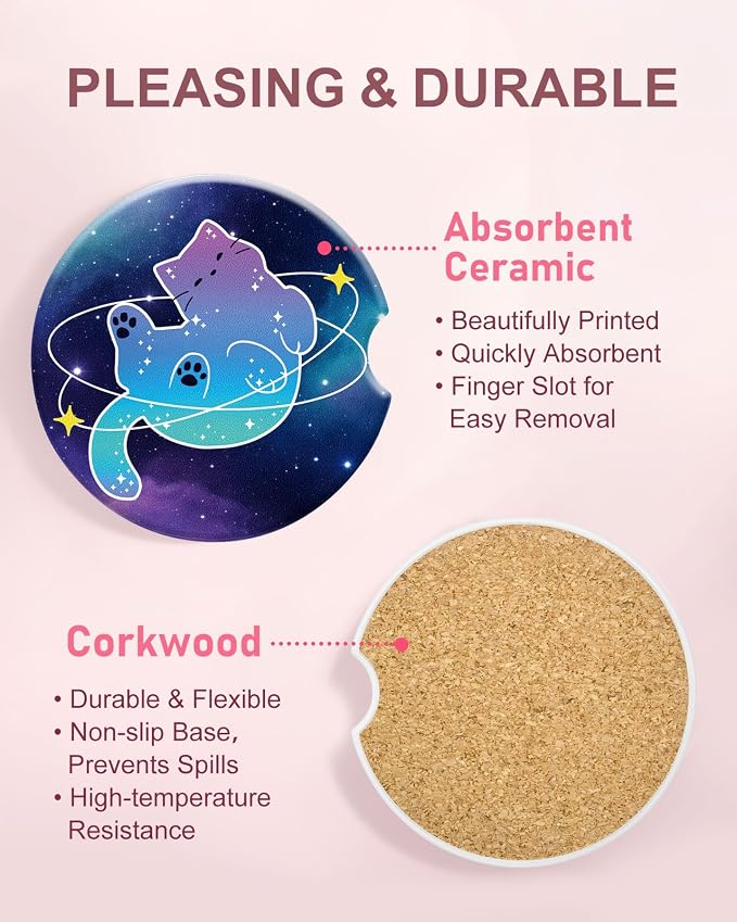 Swooflia 2 Pack Absorbent Ceramic Car Coasters for Women - 2.55 Inch Galaxy Cosmic Cat Car Cup Holder Coasters with Cork Base, Funny Car Accessories, New Driver Gifts