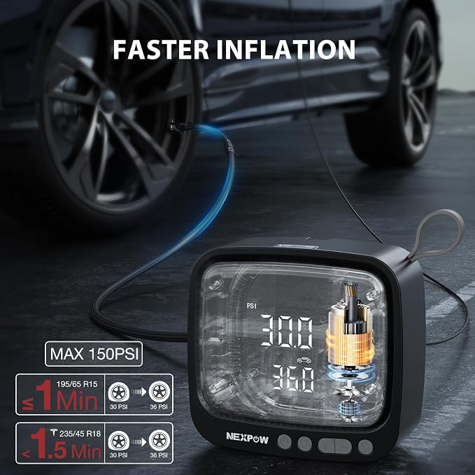 NEXPOW Tire Inflator Portable Air Compressor, 150PSI 12V DC, Gray | Dual Digital Pressure Gauge, Auto Shut-Off, LED Light, For Car, Motorcycle, Bicycle, Ball
