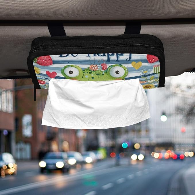 Happy Blue Striped Frog Floral Strawberry Car Tissue Holder Durable Napkin Holder Hanging Tissue Holders Case Car Tissues Bag for Sun Visor Seat Back Universal Auto