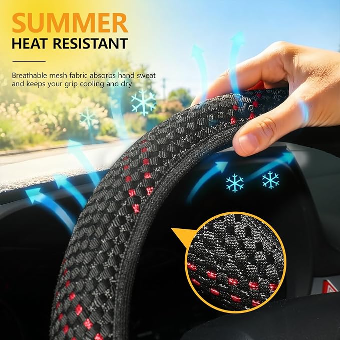 KAFEEK Elastic Mesh Car Steering Wheel Cover, Cute Black Red, 15 Inch | Cooling Breathable Fabric, Non Slip Protector for Women Men, Summer Winter, Universal Fit