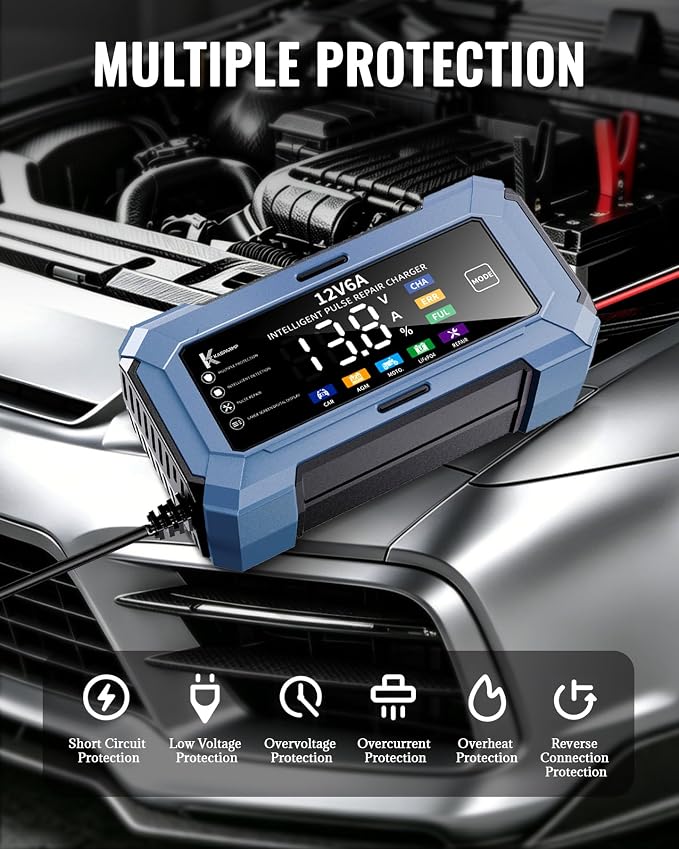 Car Battery Charger Battery maintainer for Automatic trickle Charger with Pulse Repair & Digital Display trickle Charger for car Battery 12v 6A Compatible with CAR AGM Moto LiFePO4 Batteries