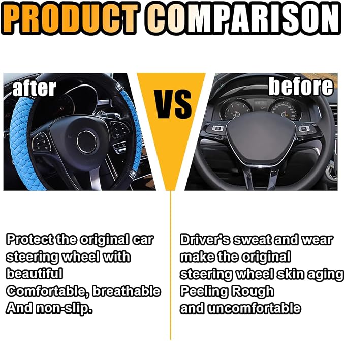 JOYCOURT 15 Inch Bling Soft Leather Car Steering Wheel Cover, Blue | Colorful Rhinestones Design, Auto Elastic Protector for Women Girls, Crystal Diamond Car Accessories for Most Cars, SUVs