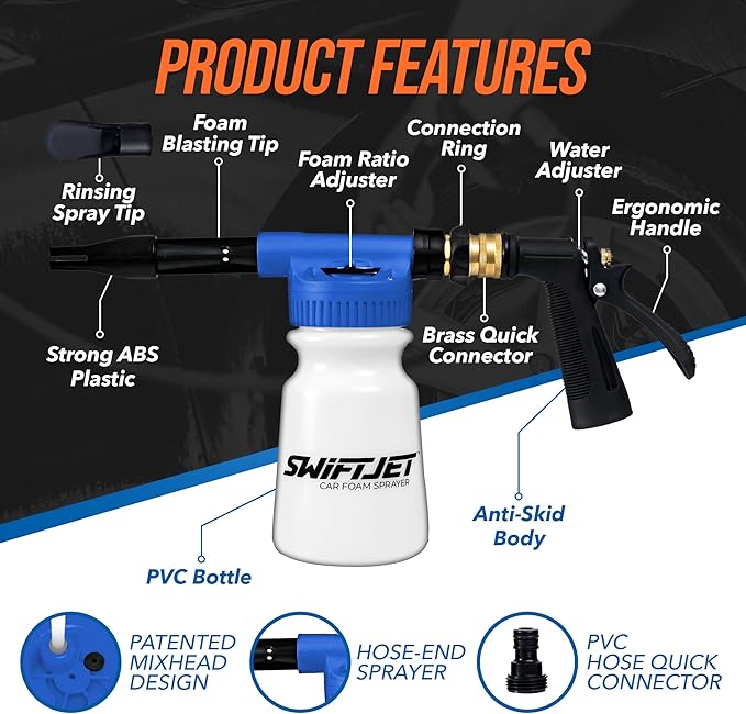 SwiftJet Car Wash Foam Gun + Microfiber Wash Mitt - Foam Cannon Works with Any Soap - Garden Hose Car Foam Sprayer - Car Wash Kit - Car Accessories Foam Blaster (Blue Foam Gun with Mitt)