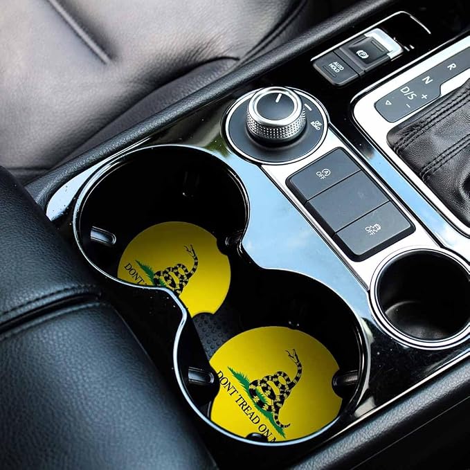 Gadsden Flag Car Coasters for Cup Holders Don't Tread on Me Car Cup Holder Coasters 2 Pack for Car, Anti Slip Ceramic Car Cup Mat with Finger Notch Cute Car Interior Accessories for Women Men