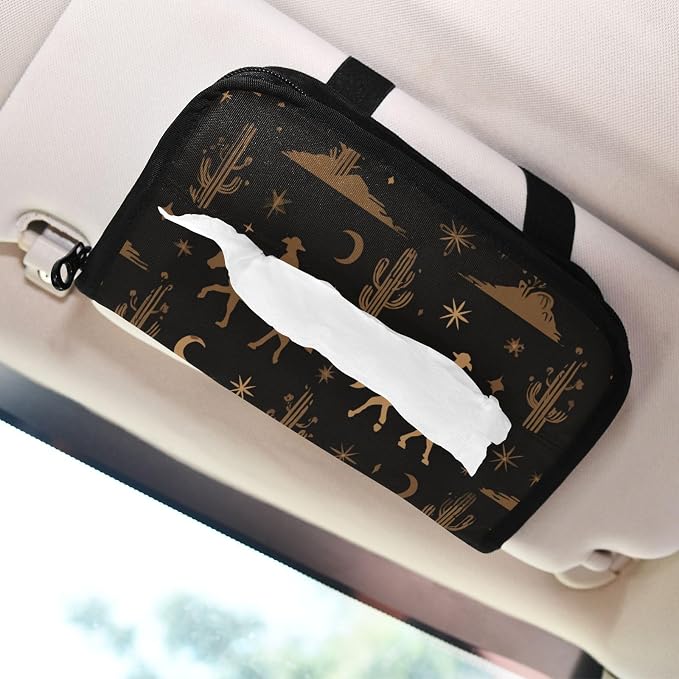 Cowboy Horse Cactus Stars Black Car Tissue Holder Durable Napkin Holder Hanging Tissue Holders Case Car Tissues Bag for Sun Visor Seat Back Universal Auto