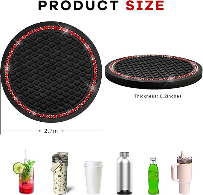 2PCS Bling Car Cup Coaster, 2.69 Inch Anti-Slip Auto Cup Holder Drink Mat w/Crystal Rhinestones, Universal Shiny Diamond Vehicle Insert Coasters Cups Mats for Women (Black & Red)