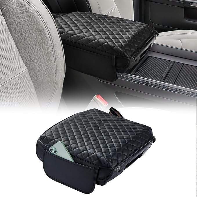 JOYTUTUS Center Console Cover Compatible with 2019-2026 Ram 1500 2500 3500, Leather Arm Rest Armrest Cover for Car, Middle Console Cover Lid, Car Arm Rest Cover Pad Cushion Replacement, with 2 Pockets