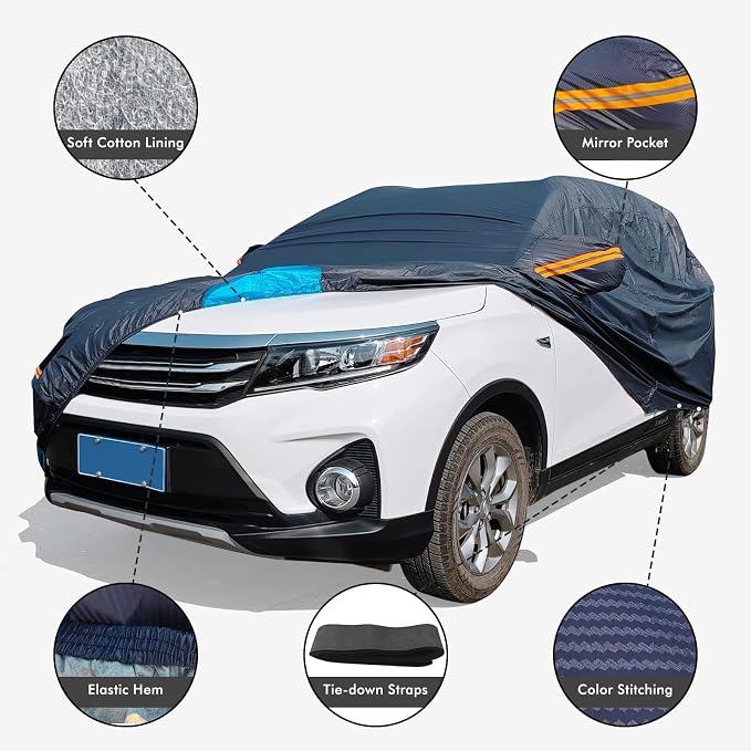 Car Cover Waterproof All Weather for Automobiles, 6 Layers Outdoor Full Exterior Cover Rain Sun UV Snowproof Protection with Zipper Cotton, Mirror Pocket for SUV (173-183 inch)