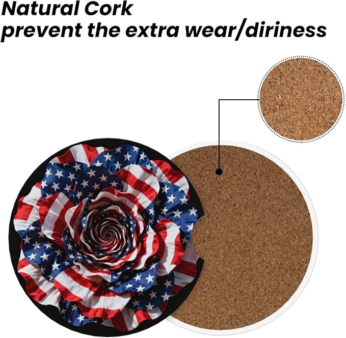 American Flag Rose 2 Pack Car Cup Holder Coasters Absorbent Ceramic Drink Coasters 2.56" Universal Anti Slip Cup Mat with Cork Base and Finger Notch Auto Accessories Interior for Women Men